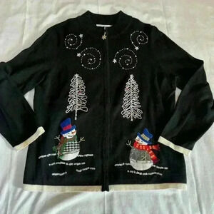 Vintage Mercer Street Studio Snowmen Ugly Christmas Cardigan Black Size Large